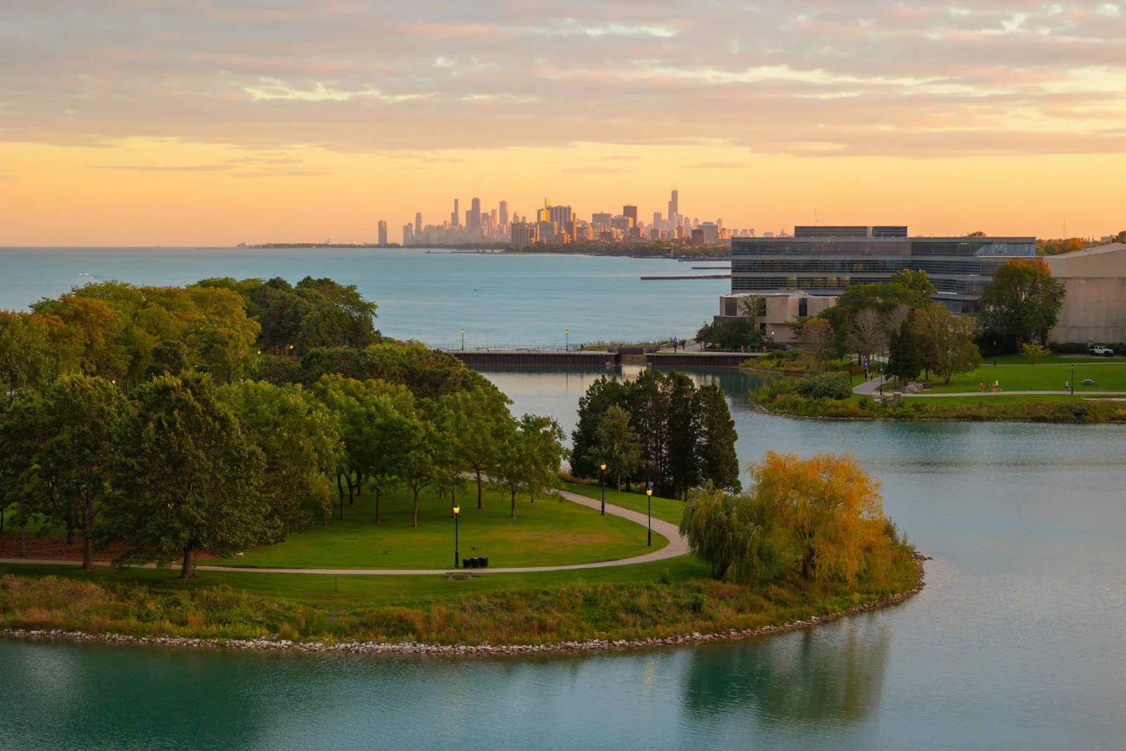 Sunset over Lake Michigan from Evanston, with the Chicago skyline on the horizon beyond a lamp-lit lakeside park and a yellowing willow