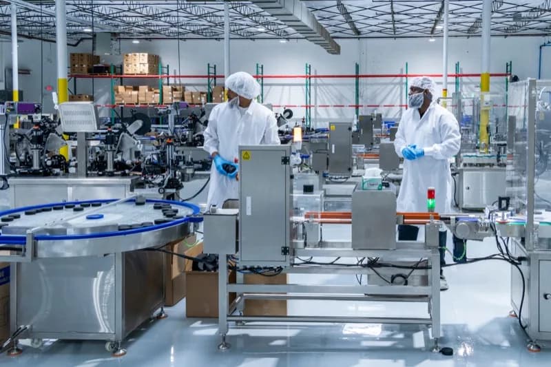 Two workers in hairnets, face masks, lab coats and blue gloves at the production line in a bright, white-floored lab