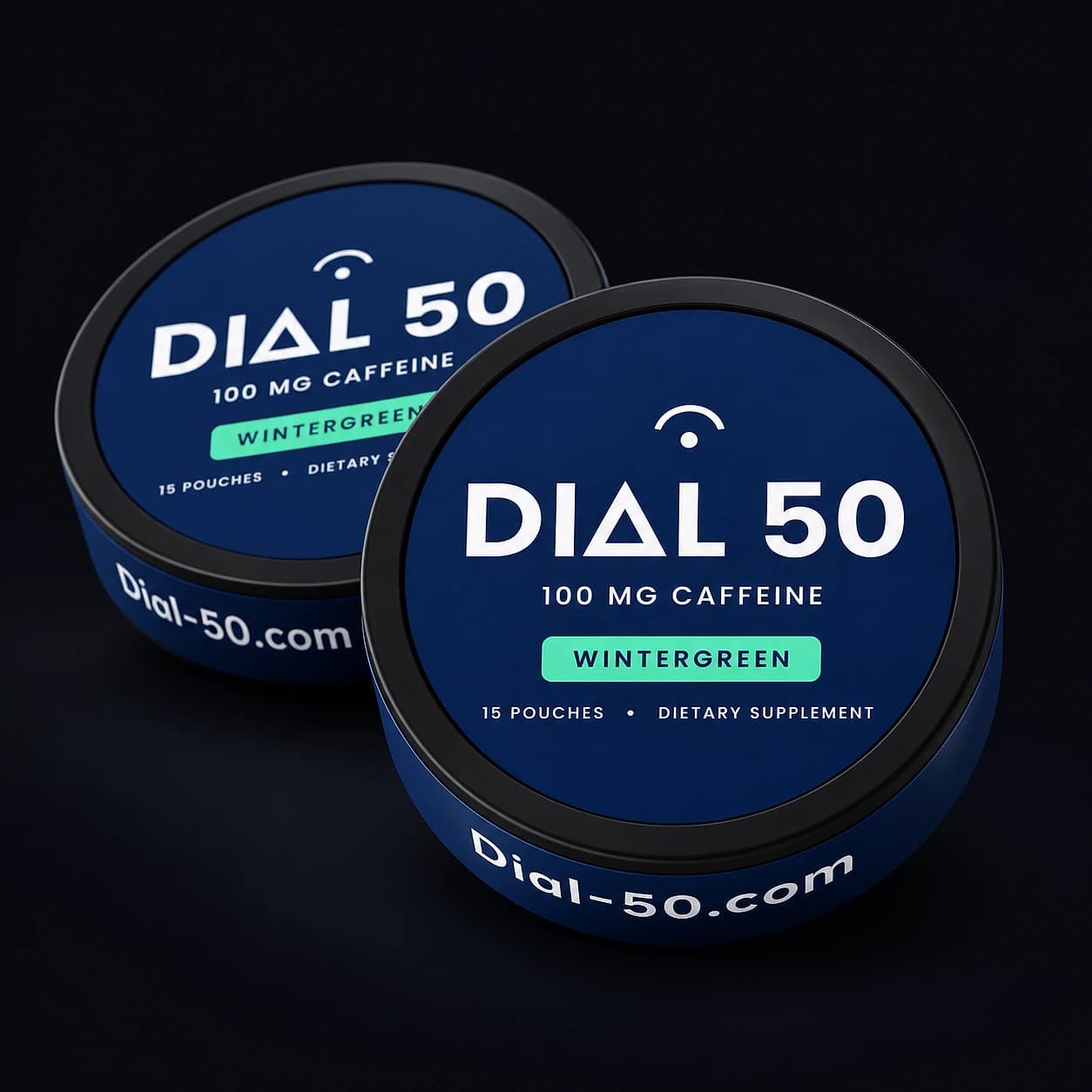 Two cans of DIAL 50 Wintergreen caffeine pouches