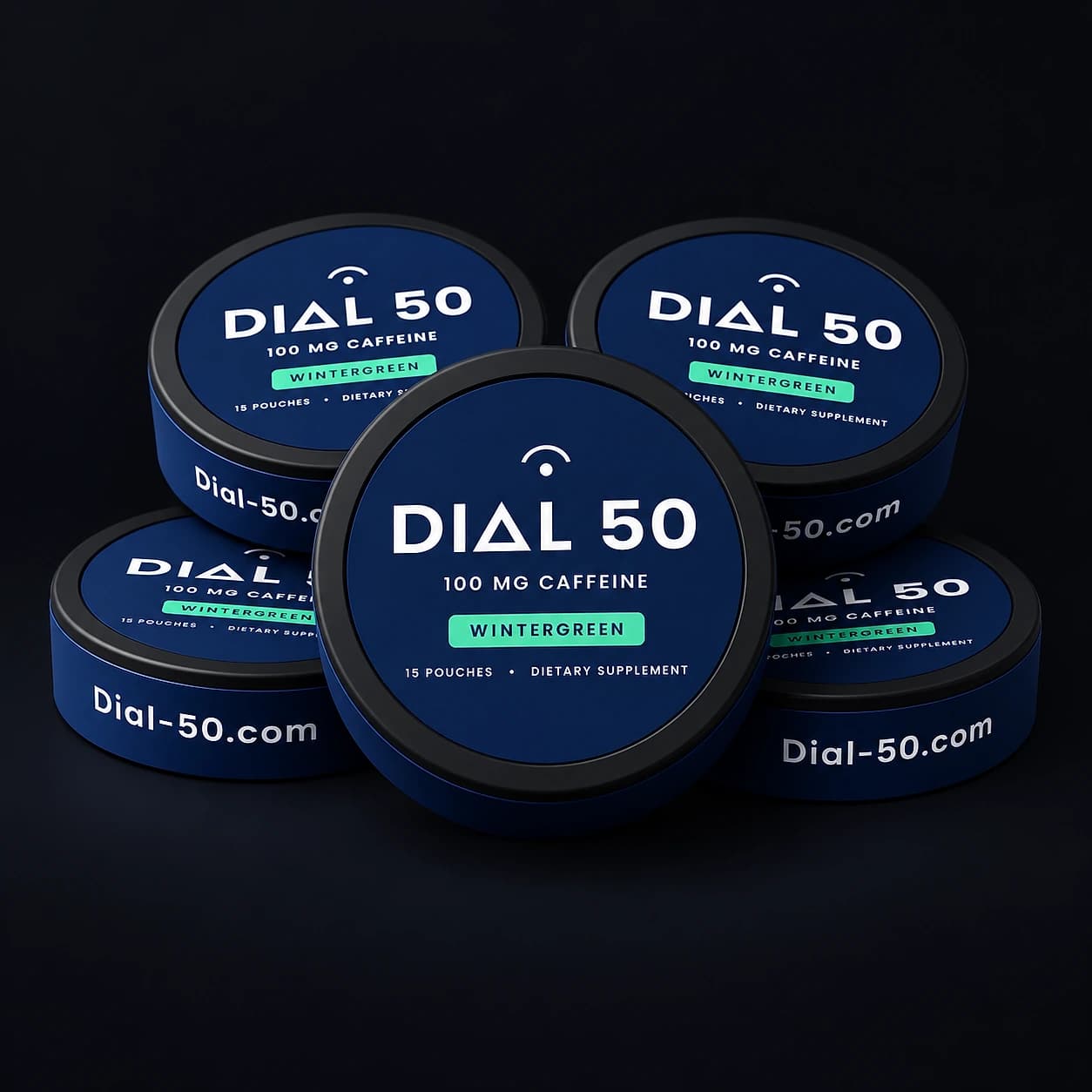 Five cans of DIAL 50 Wintergreen caffeine pouches, stacked